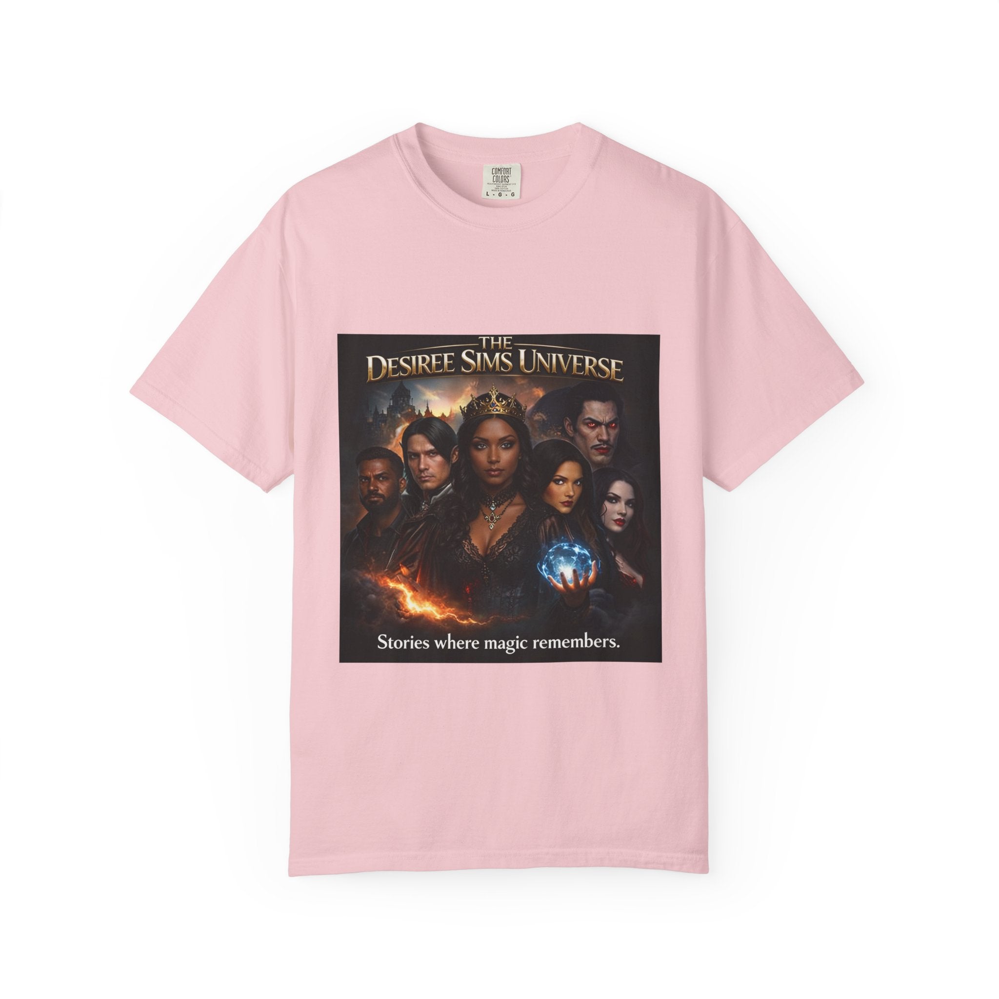Desiree Sims Universe Fantasy Series Cast Poster T-shirt with cinematic magic print on garment-dyed fabric