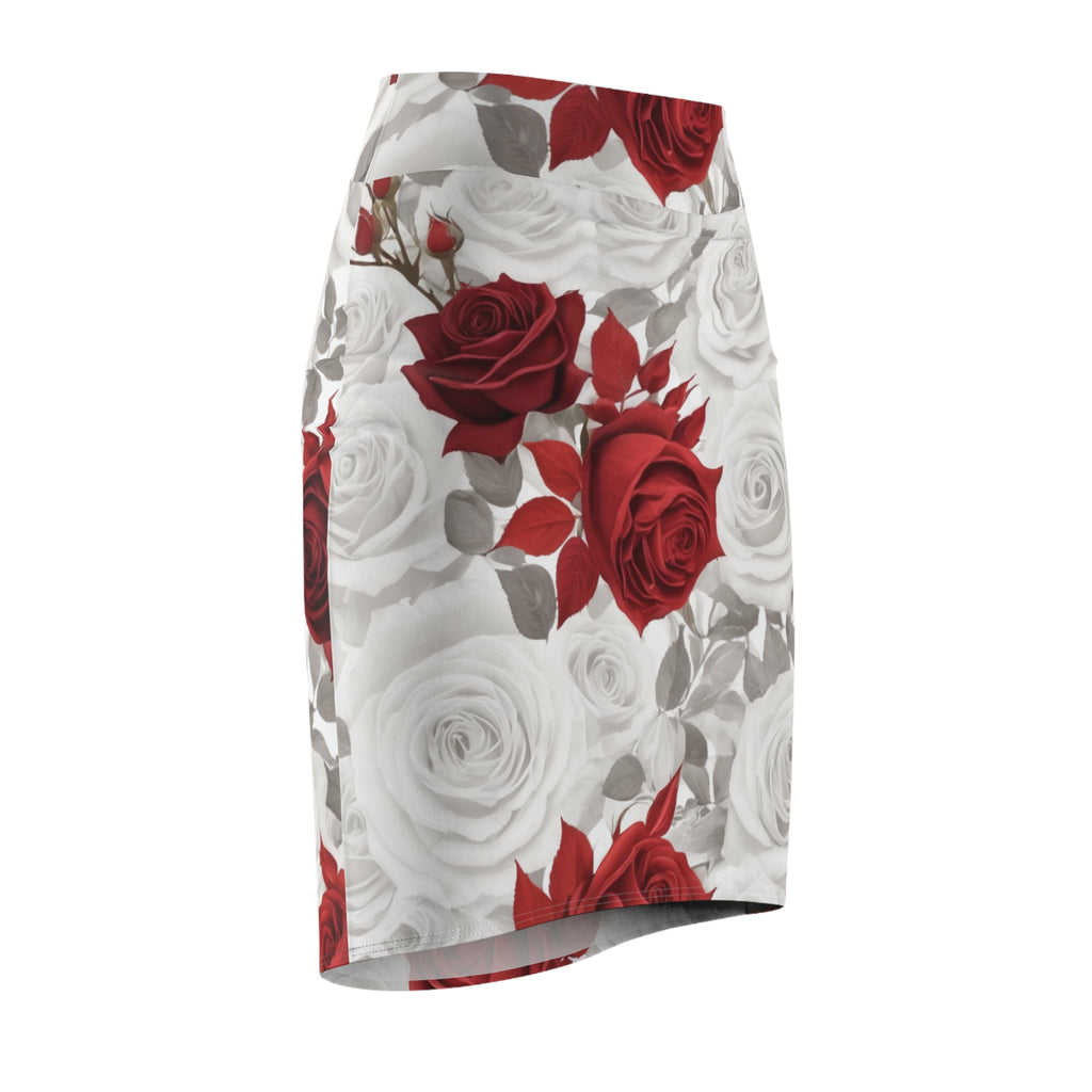 Elegant women's floral pencil skirt with vibrant rose print, styled for office and date night wear