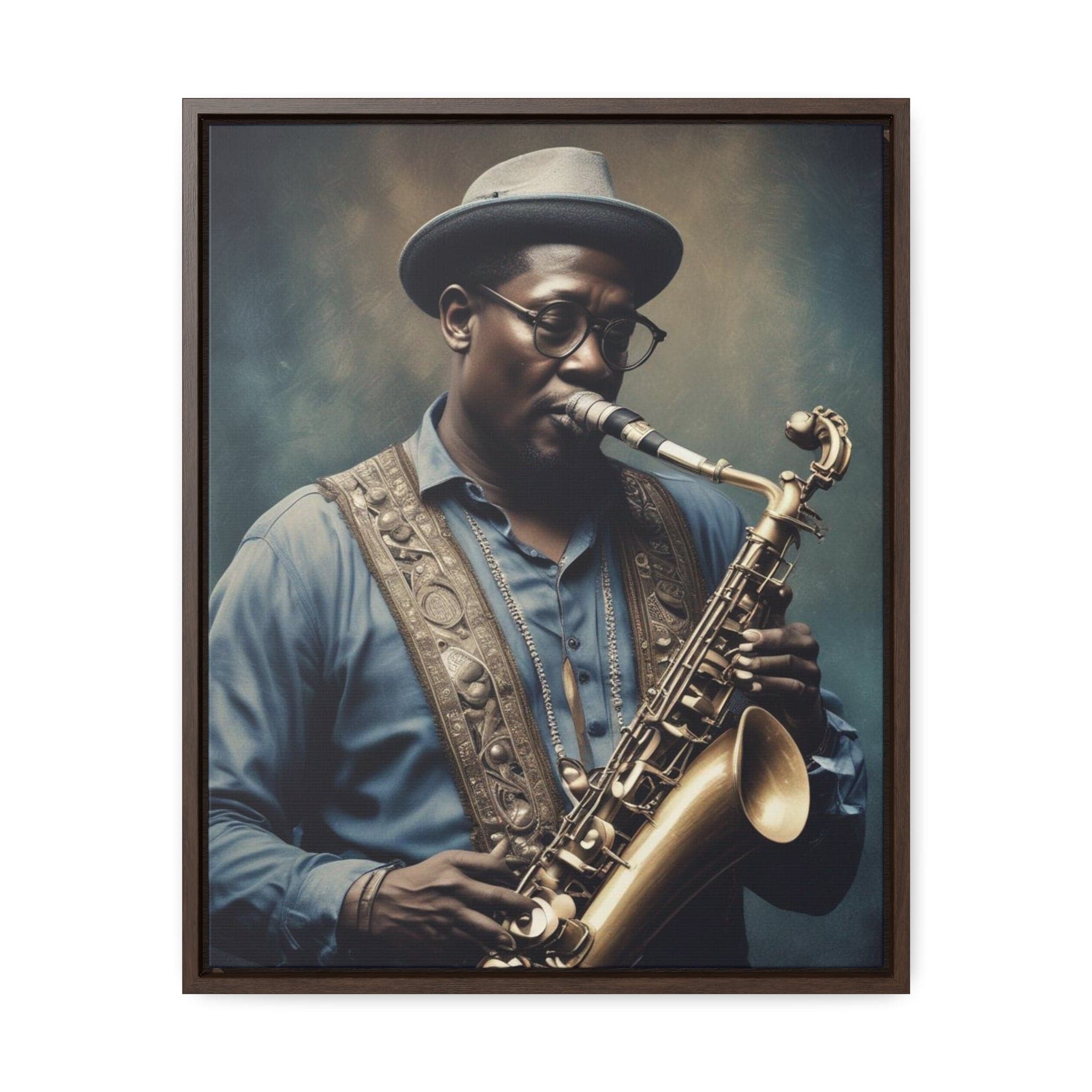 Canvas wall art depicting a saxophone player on cotton canvas stretched over a poplar wood frame — alternate view