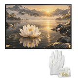 Rich and Rich White Lotus on Golden Ripples Black Framed Art Print 36×24inch