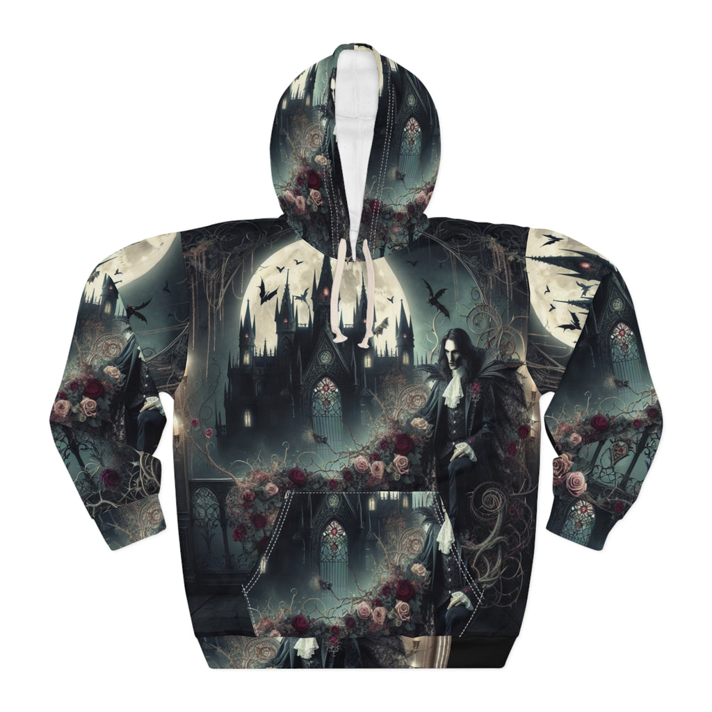 Gothic Fantasy Unisex Pullover Hoodie with dark aesthetic all-over print and adjustable hood