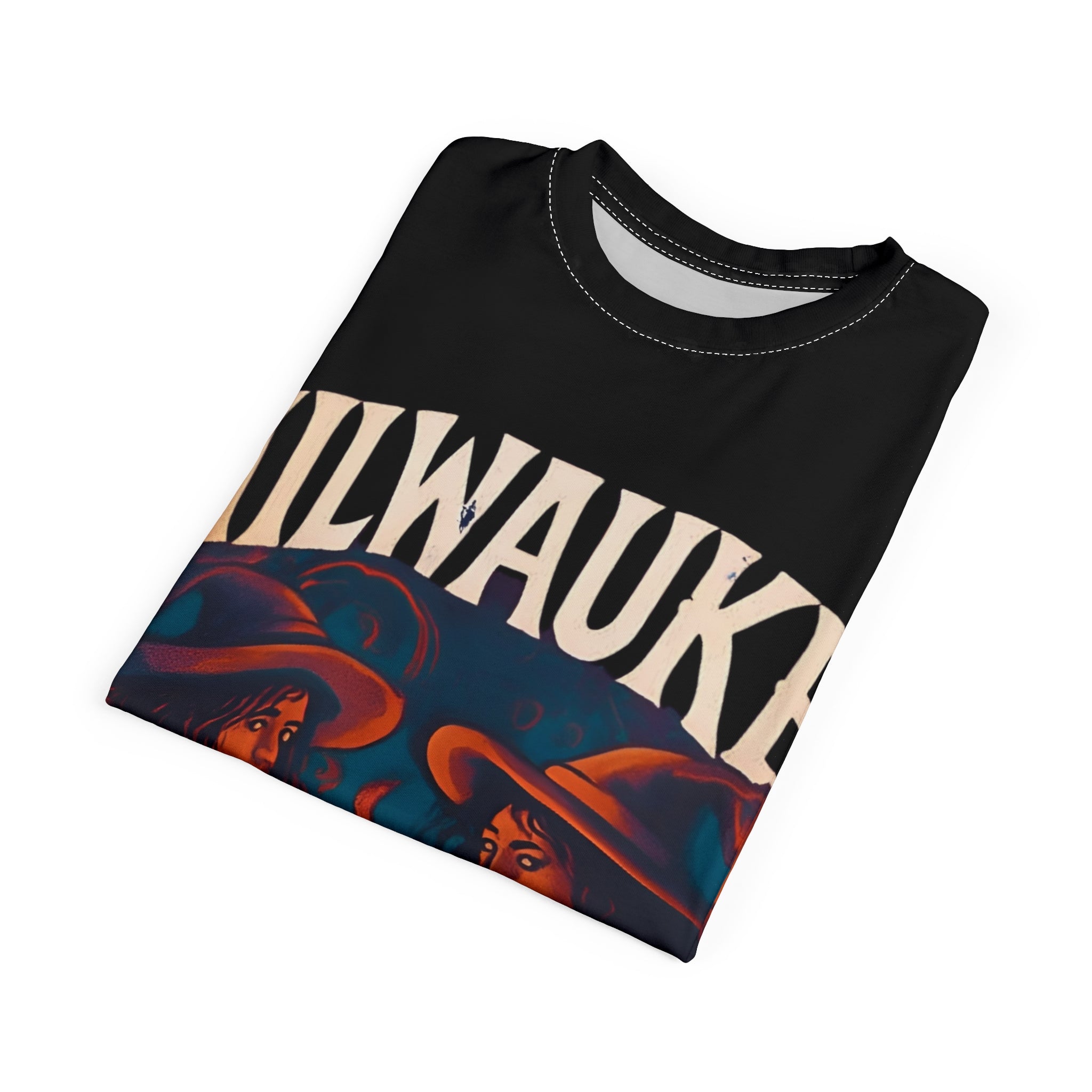 Milwaukee Witchy Vibes Unisex Tee featuring two witches by a campfire in a vintage Halloween graphic design