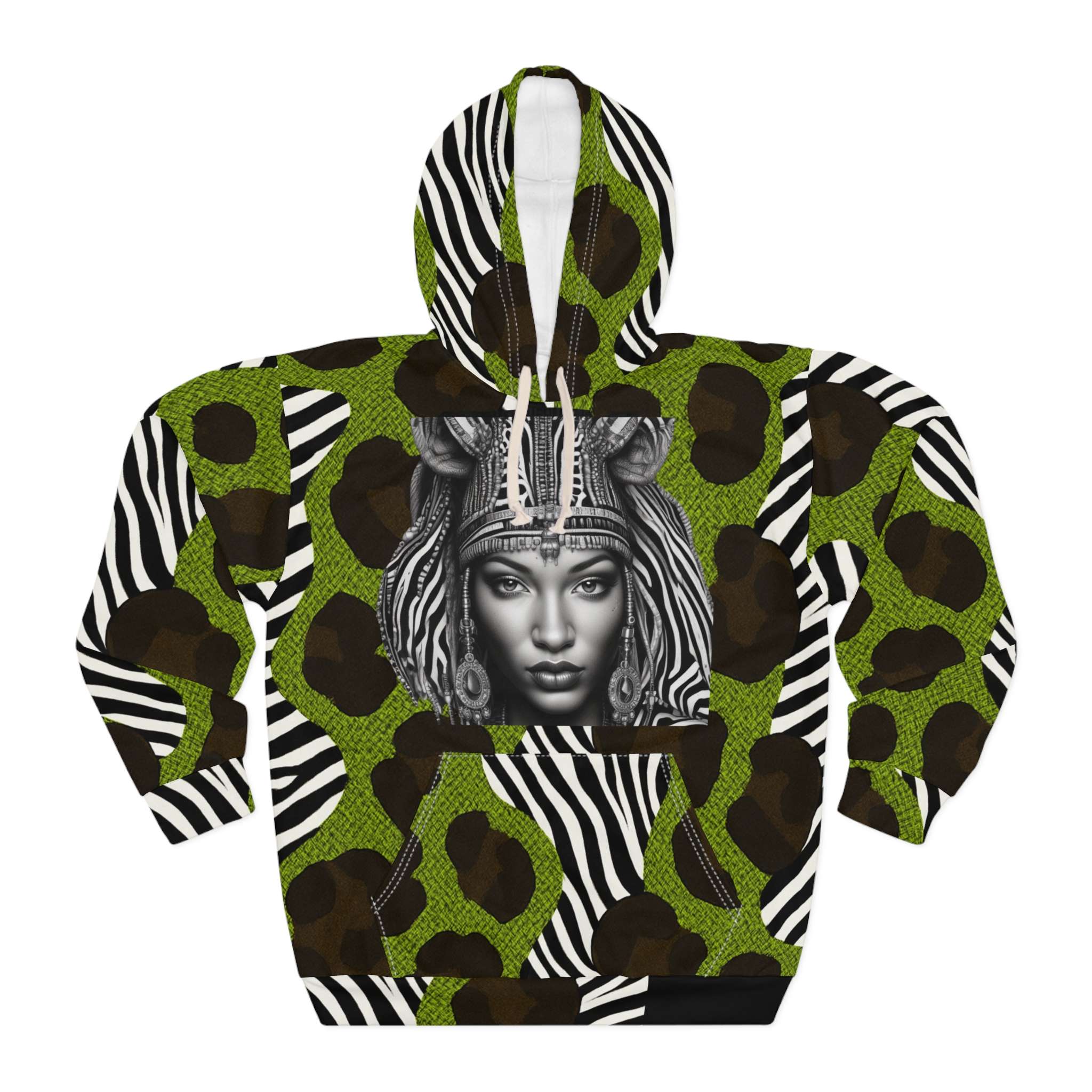 Unisex pullover hoodie with bright all-over animal print and kangaroo pocket — product detail