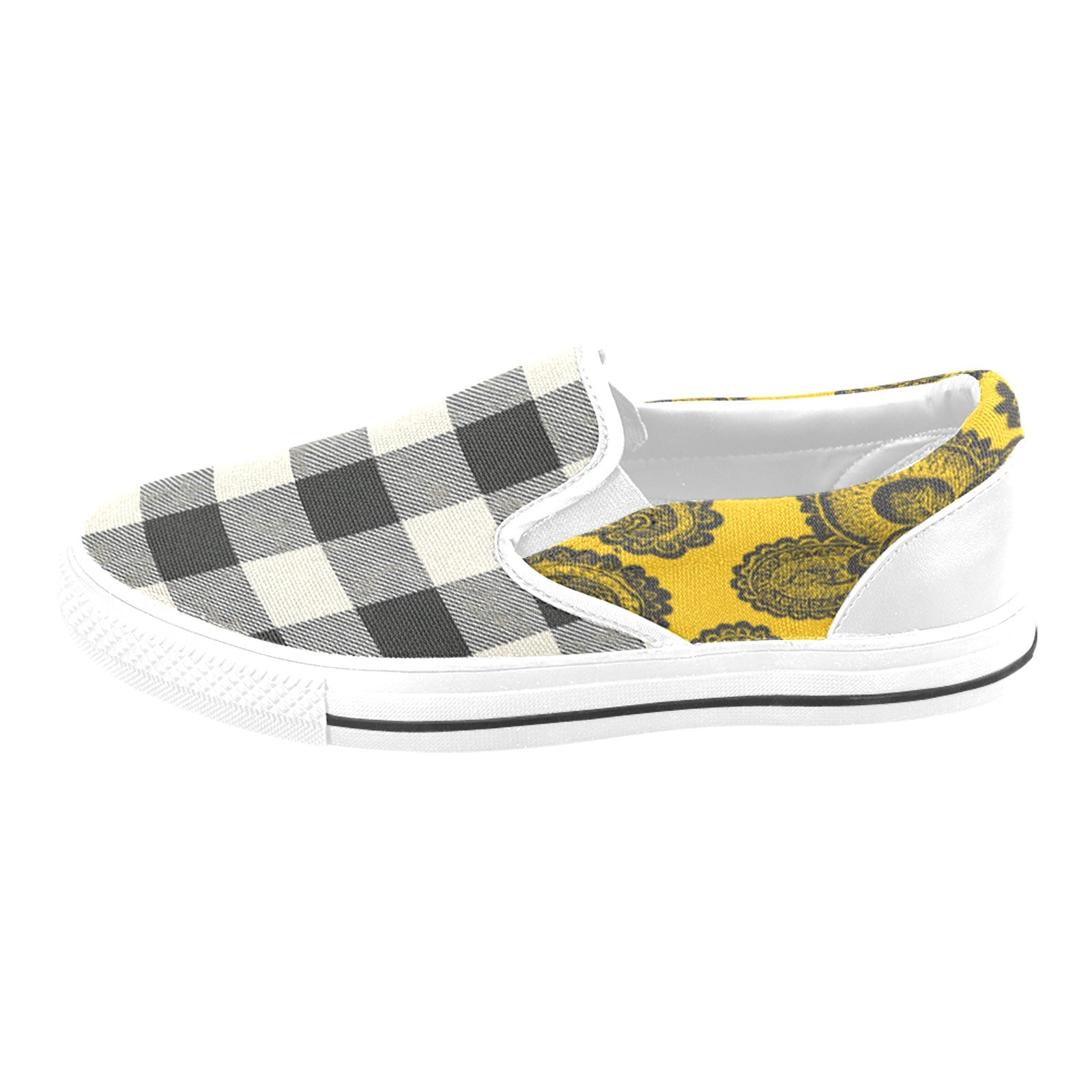 Men's yellow canvas slip-on shoe with abstract and checkerboard print — product detail