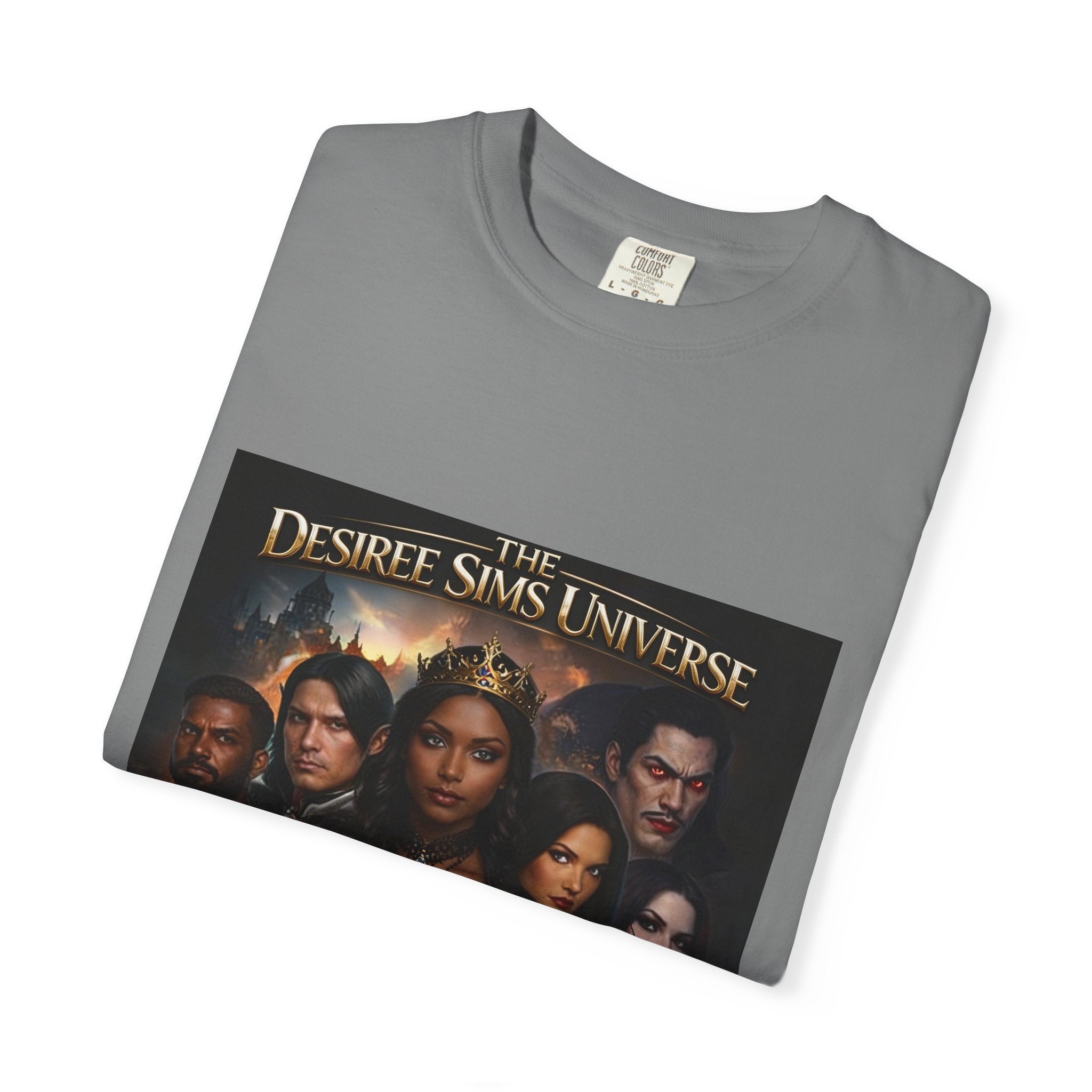 Desiree Sims Universe Fantasy Series Cast Poster T-shirt with cinematic magic print on garment-dyed fabric
