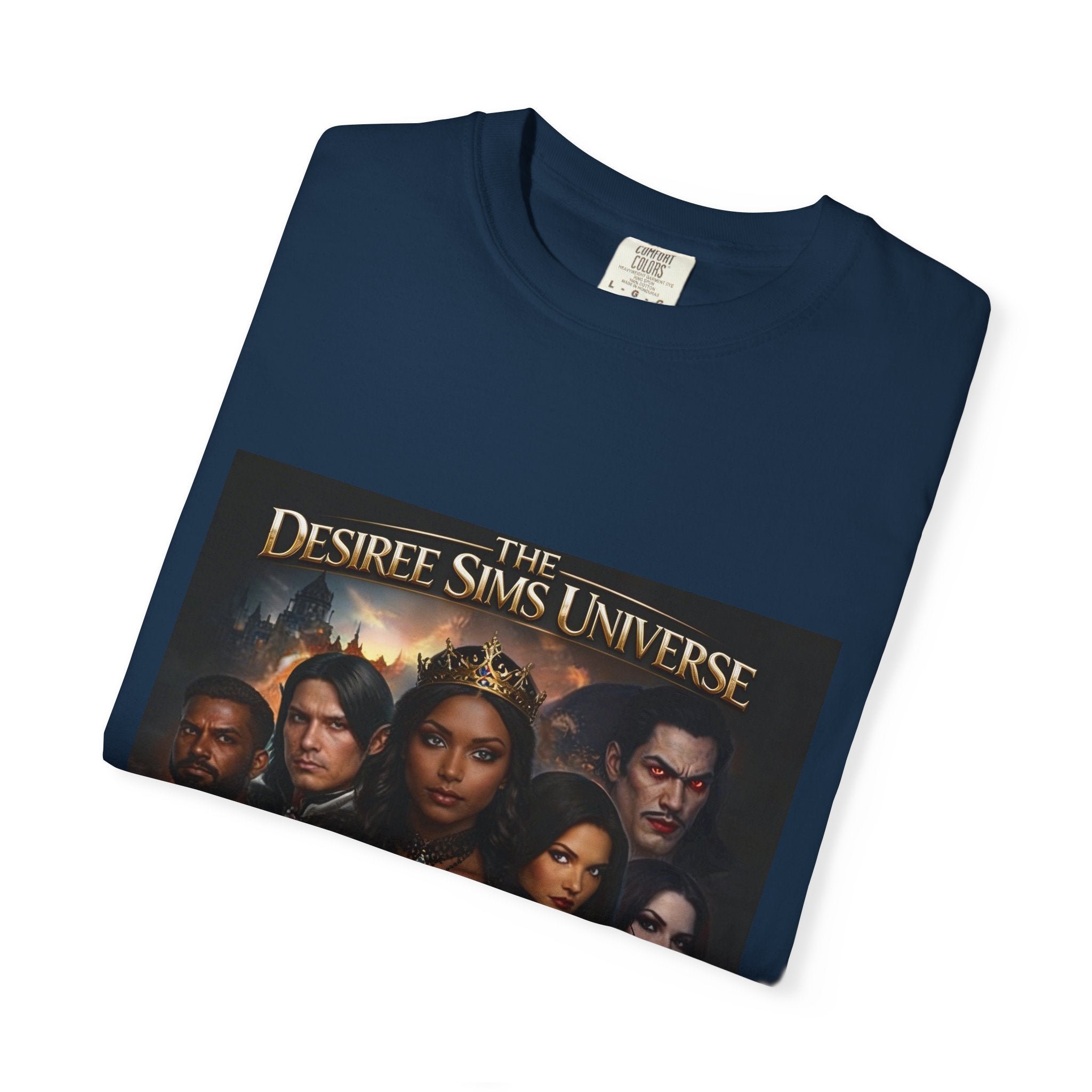 Desiree Sims Universe Fantasy Series Cast Poster T-shirt with cinematic magic print on garment-dyed fabric