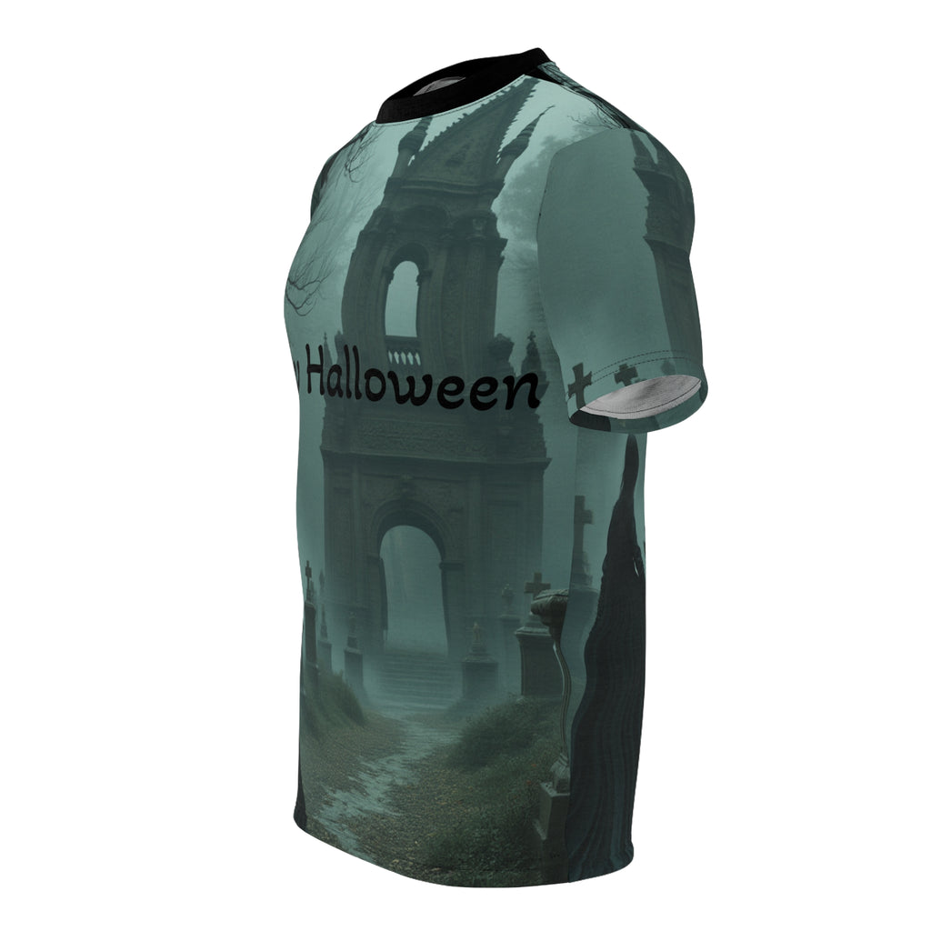 Halloween Unisex Tee, Spooky Graphic T-Shirt, Halloween Party Wear, Ghostly AOP Shirt, Gothic Casual Tee