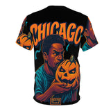 Unisex tee with Chicago-inspired spooky all-over print, crew neck and regular fit assembled in the USA — side view