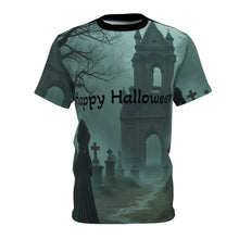 Load image into Gallery viewer, Halloween Unisex Tee, Spooky Graphic T-Shirt, Halloween Party Wear, Ghostly AOP Shirt, Gothic Casual Tee

