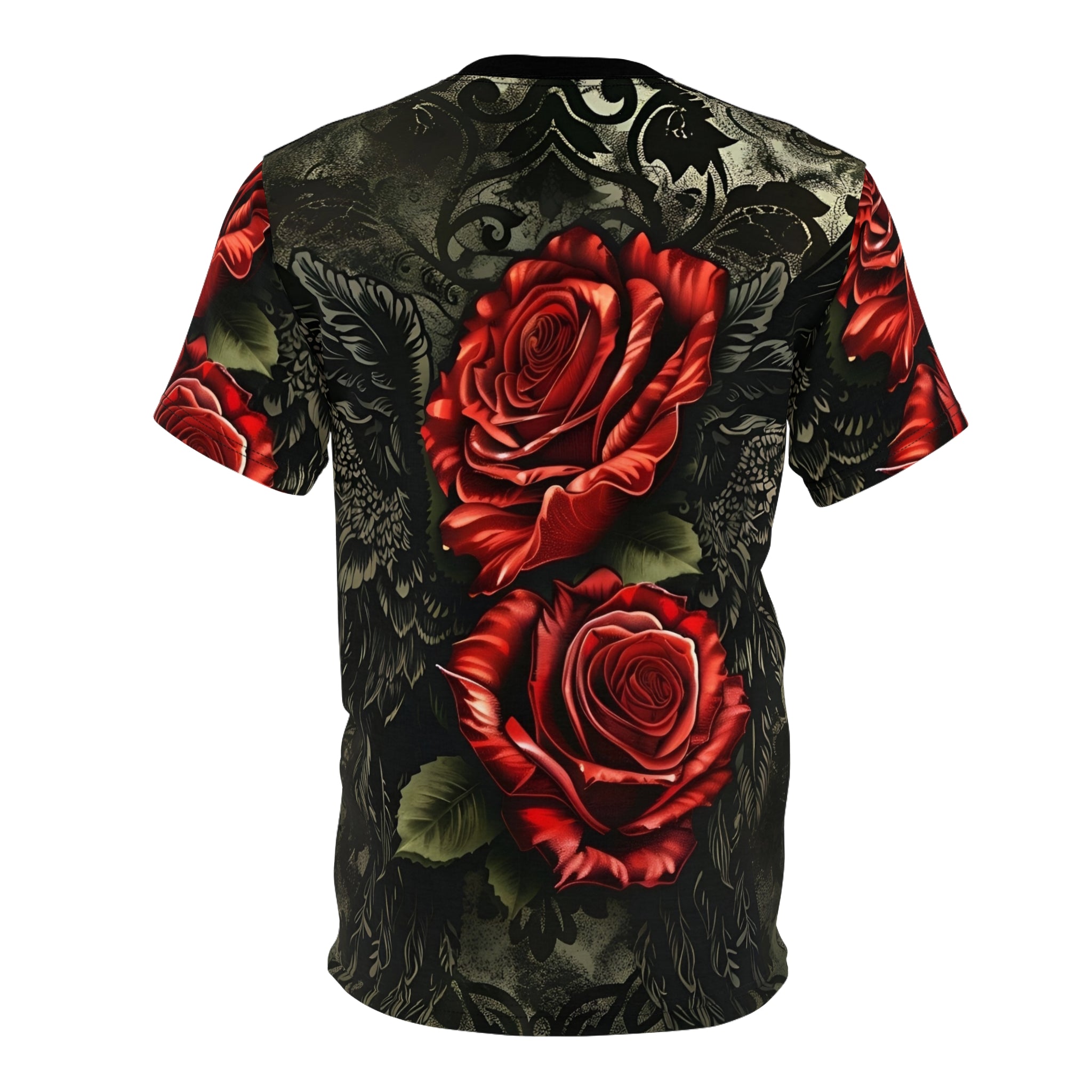 R&RH Vibrant Rose Wing Unisex Black Tee - Edgy Floral Graphic T-Shirt