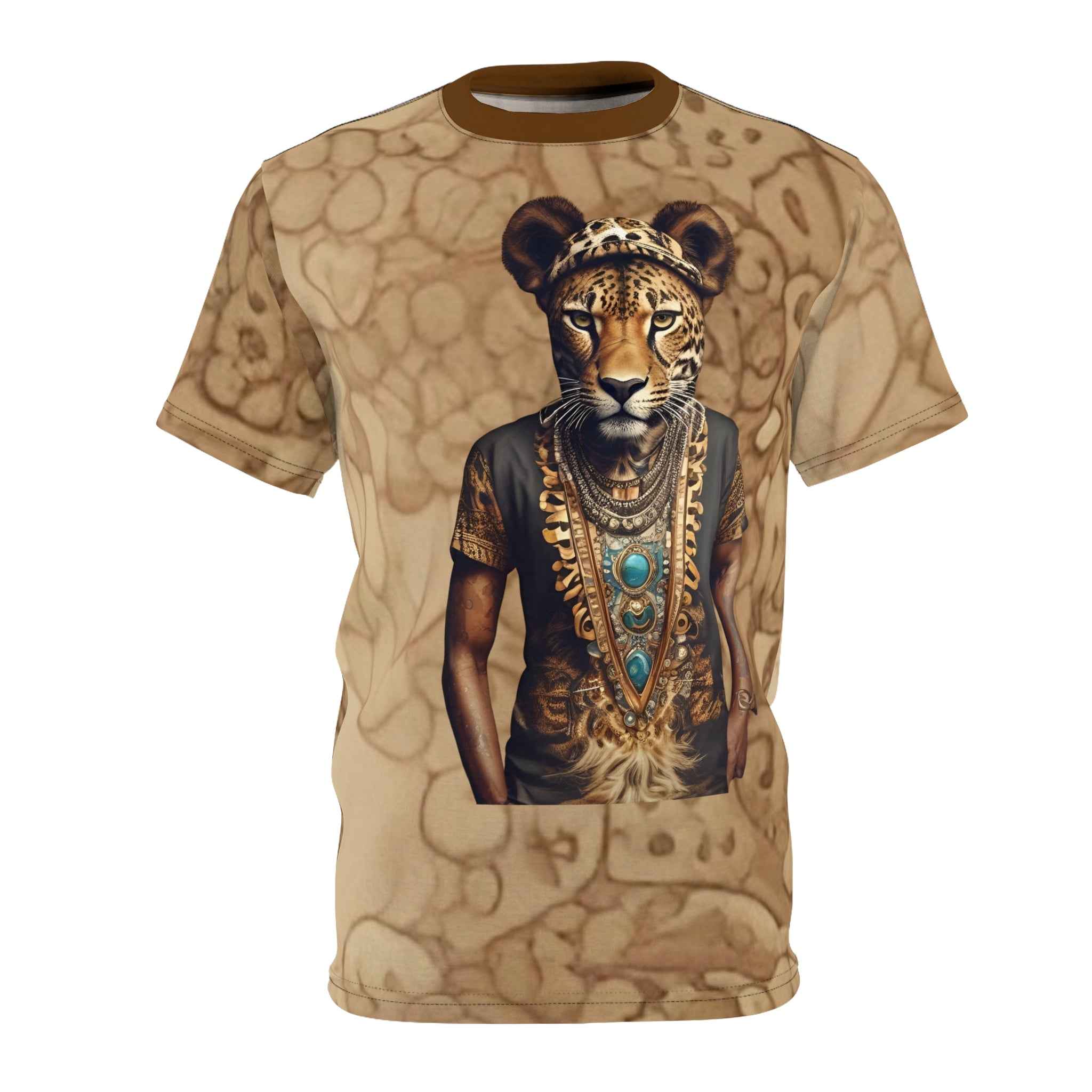 Unisex short-sleeve polyester tee with all-over brown and black leopard print