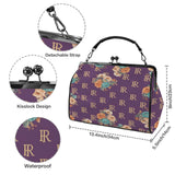 Purple floral kisslock crossbody bag in waxed PU with removable shoulder strap and top handle — rear view