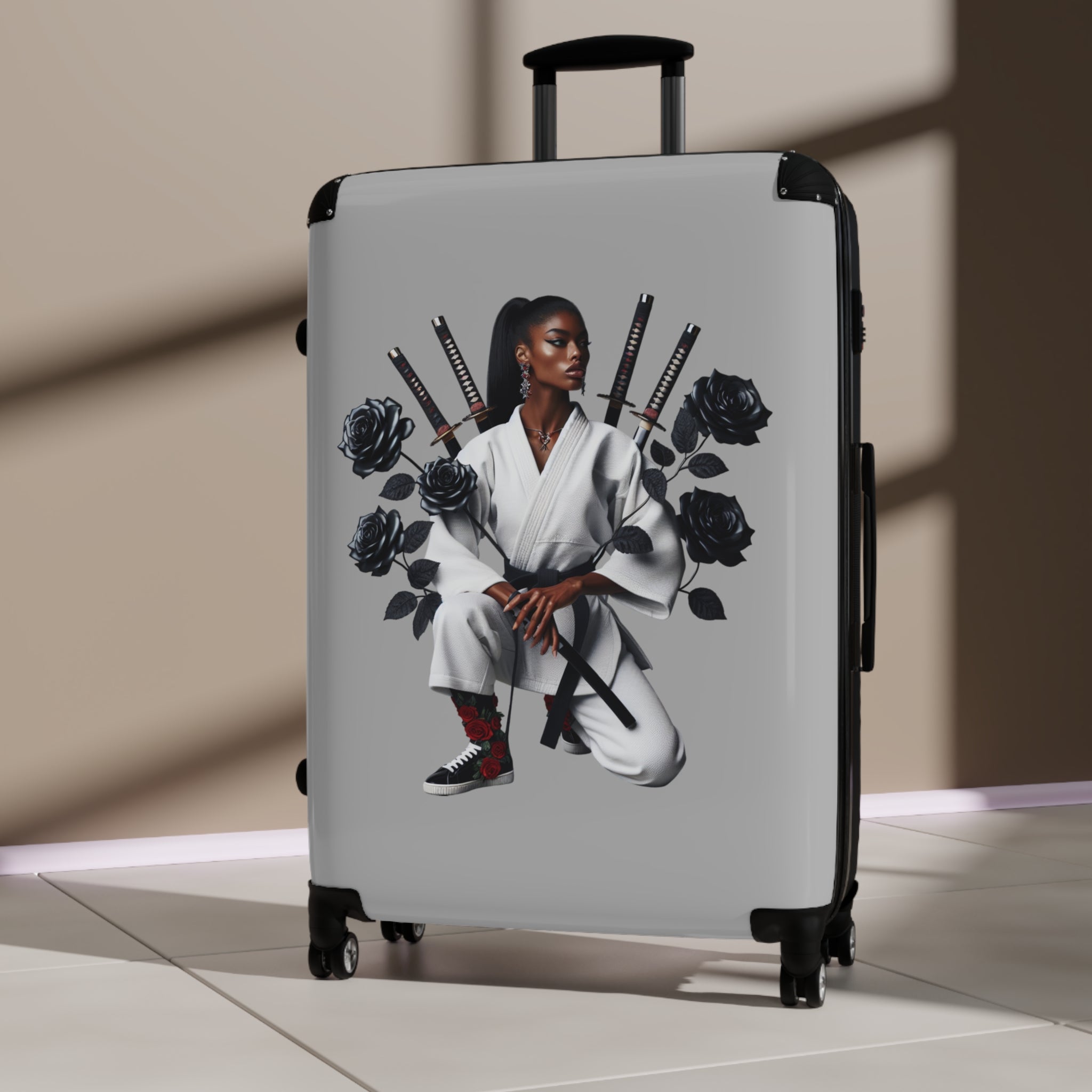 R&RH Elegant Samurai Style Grey Women's Suitcase with floral design