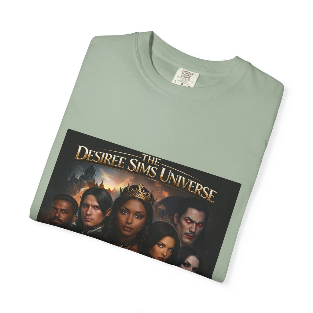 Desiree Sims Universe Fantasy Series Cast Poster T-shirt with cinematic magic print on garment-dyed fabric