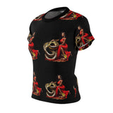 Black women's T-shirt with all-over snake and red dress graphic print — additional view 8