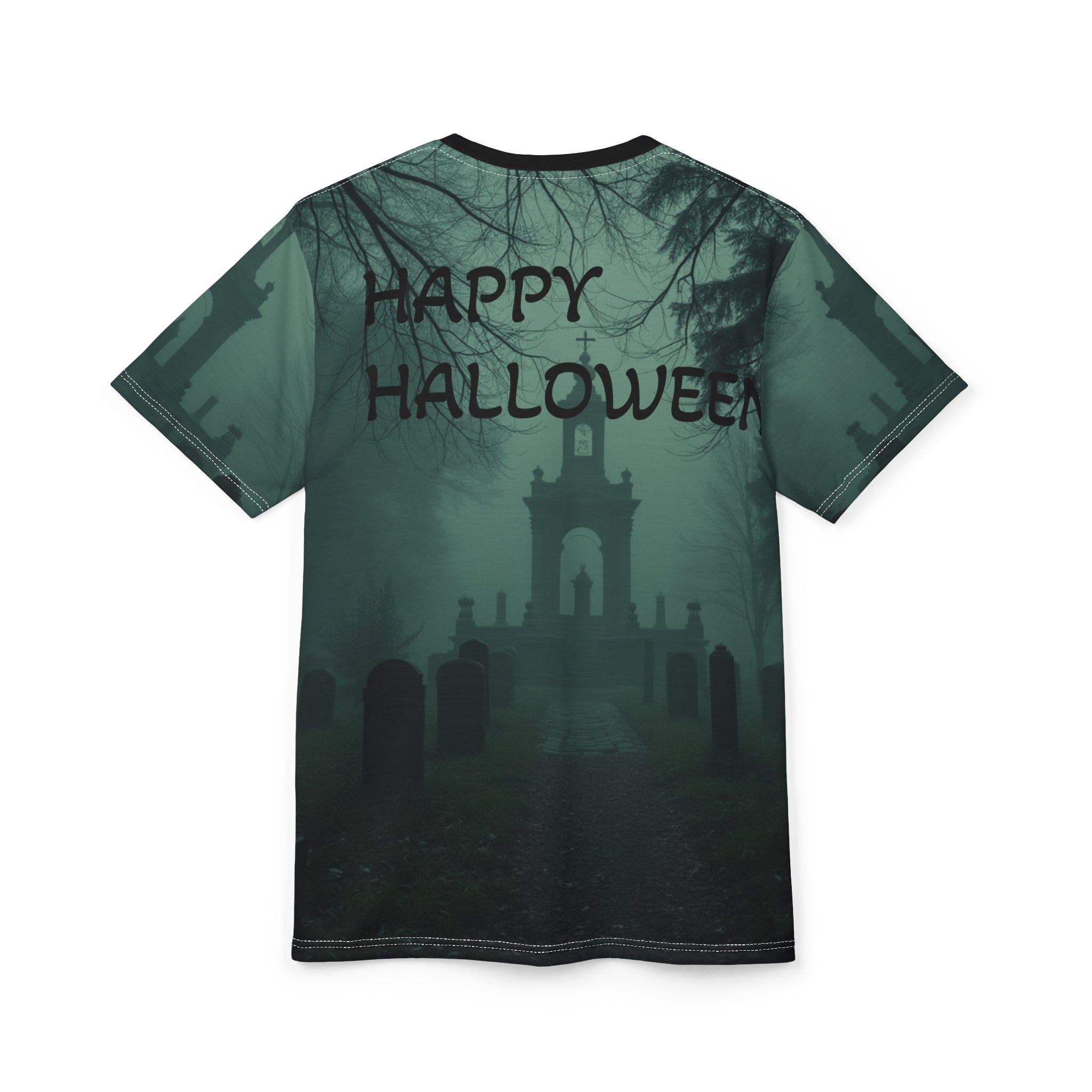 Unisex tee with misty cemetery all-over print, crew neck and tagless regular fit — additional view 9