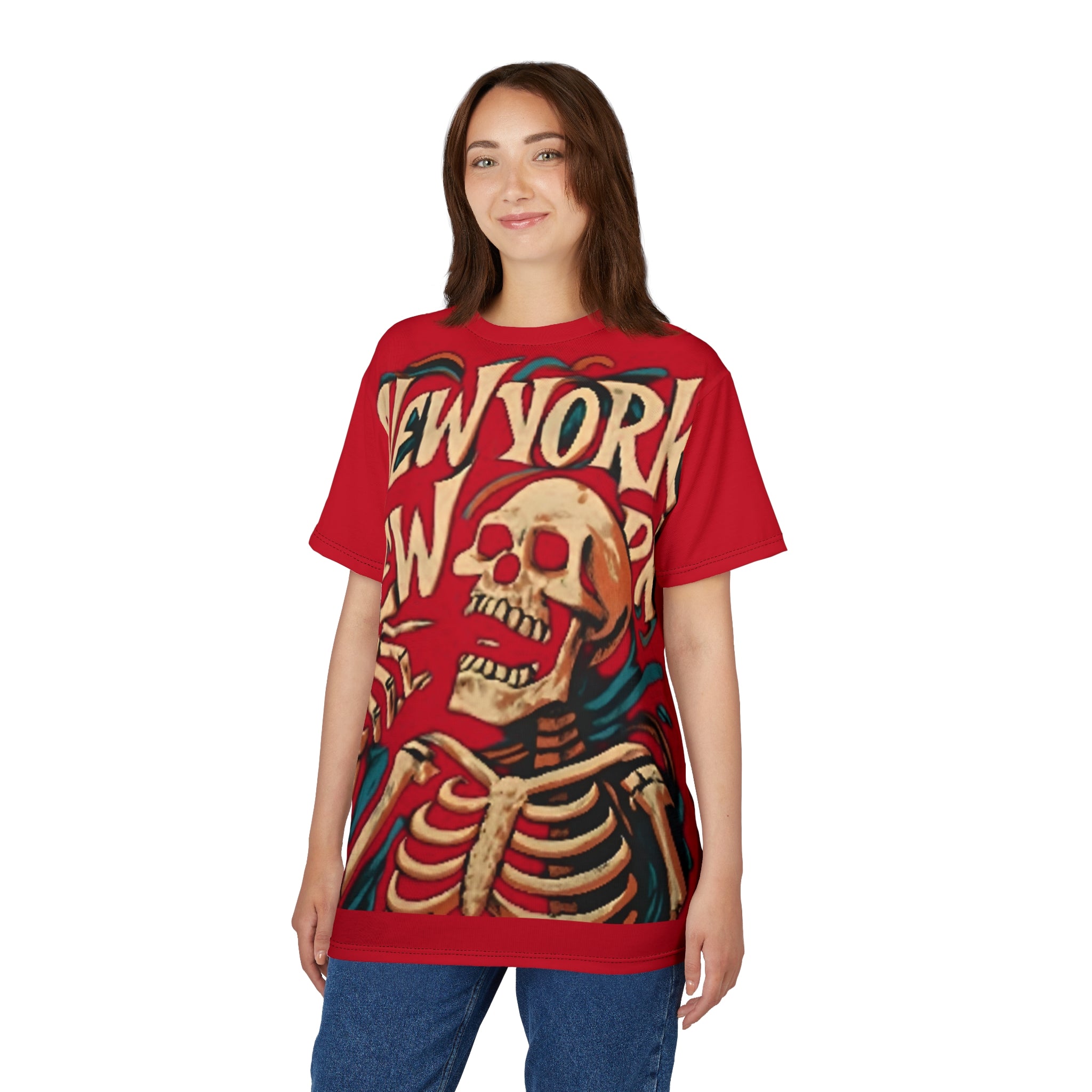 New York Skeleton Graphic Tee featuring vintage skull design in red, unisex all-over print shirt