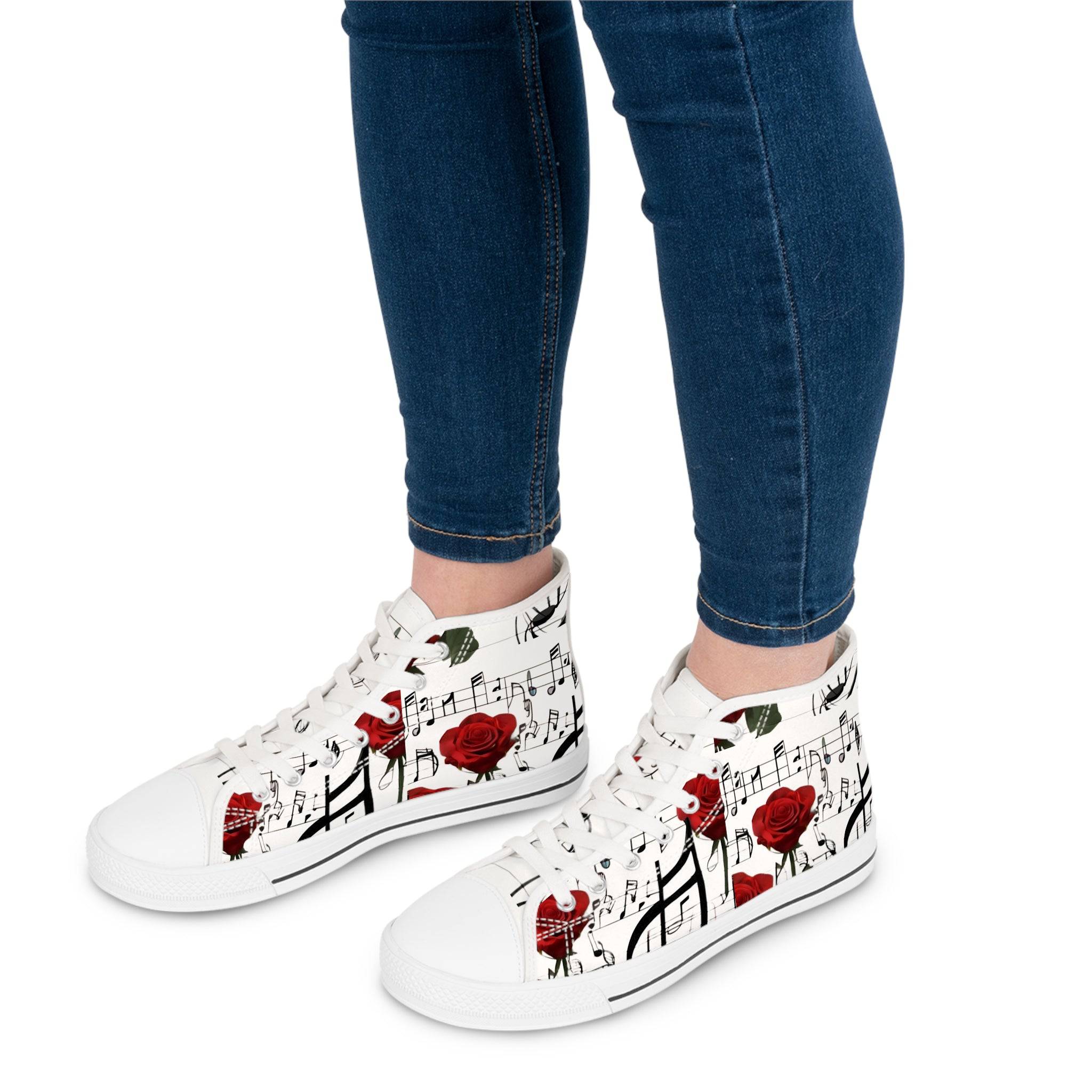 R&RH Women's High Top White Sneakers with Music Notes and Rose Design