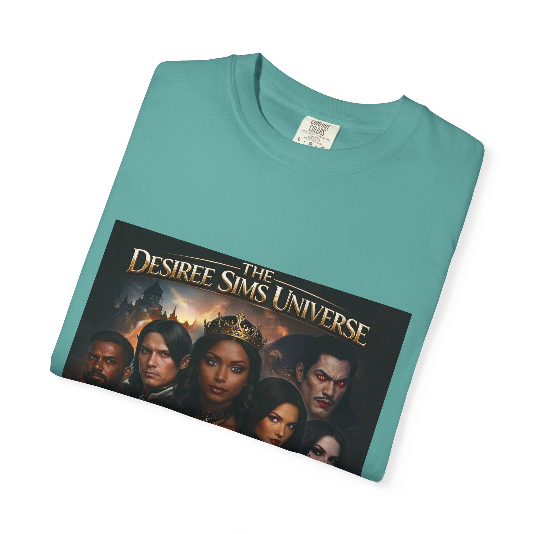 Desiree Sims Universe Fantasy Series Cast Poster T-shirt with cinematic magic print on garment-dyed fabric