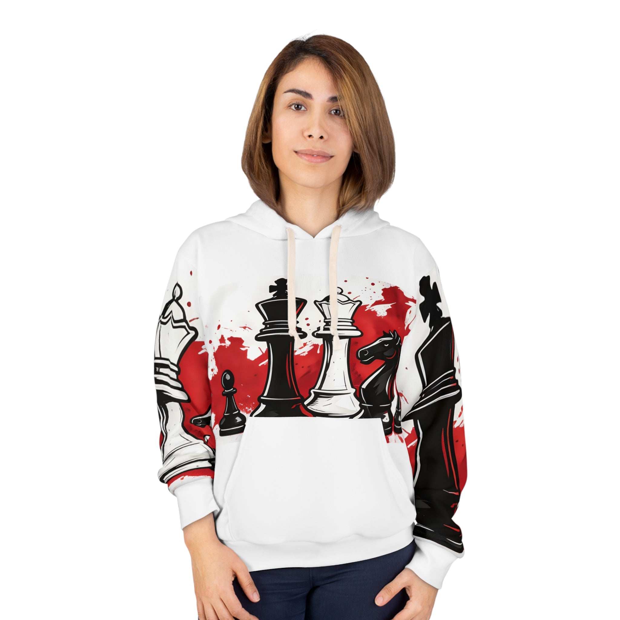 Chess Pieces Graphic Hoodie — Red Splash King & Queen Design
