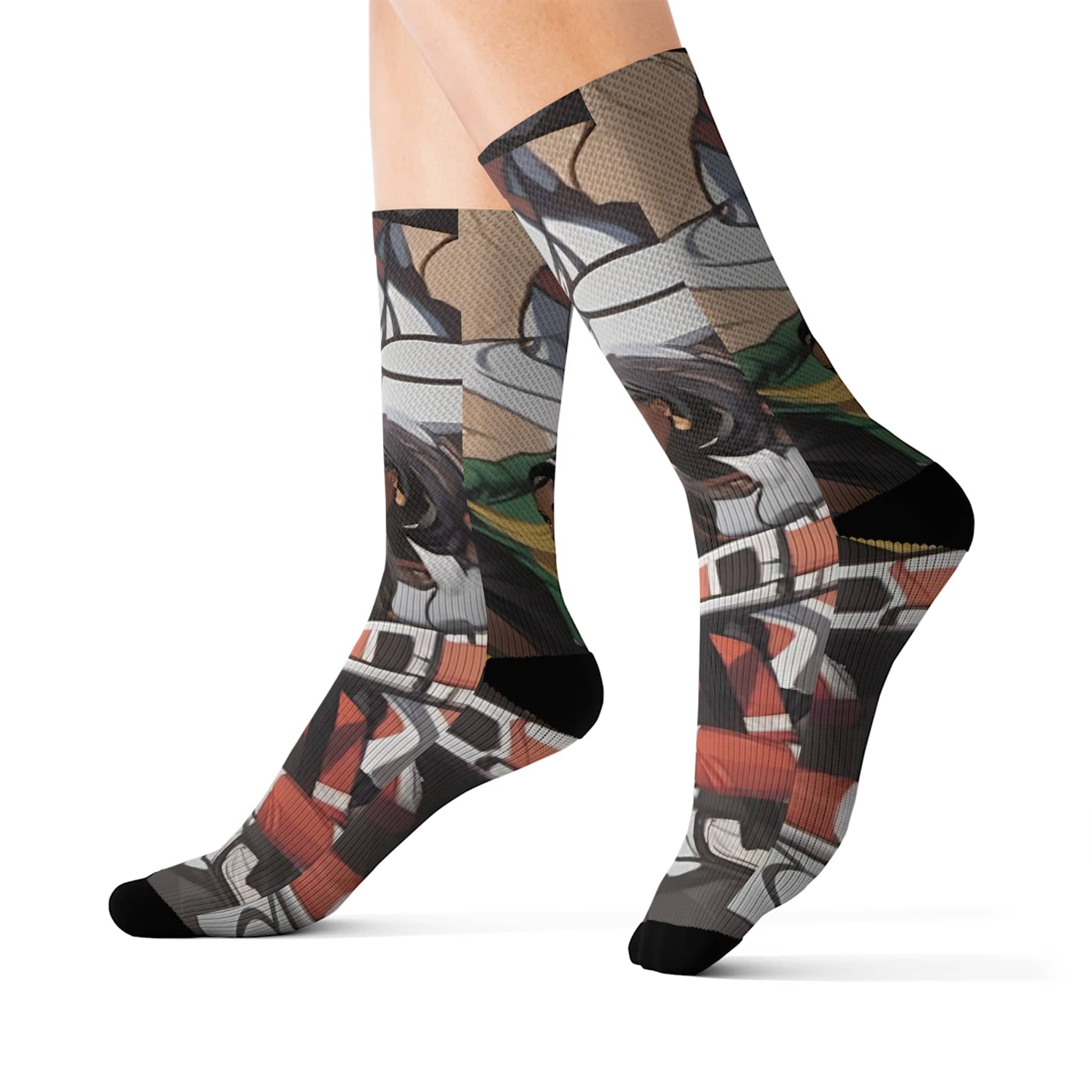 Pair of crew socks with all-over Lady Viper sublimated print, ribbed tube and cushioned soles