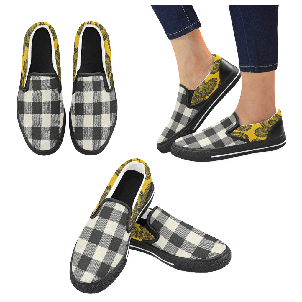 Rich and Rich Men's Yellow Abstract and Checkers Slip On Canvas Shoe Men's Slip-on Canvas Shoes (Model 019)
