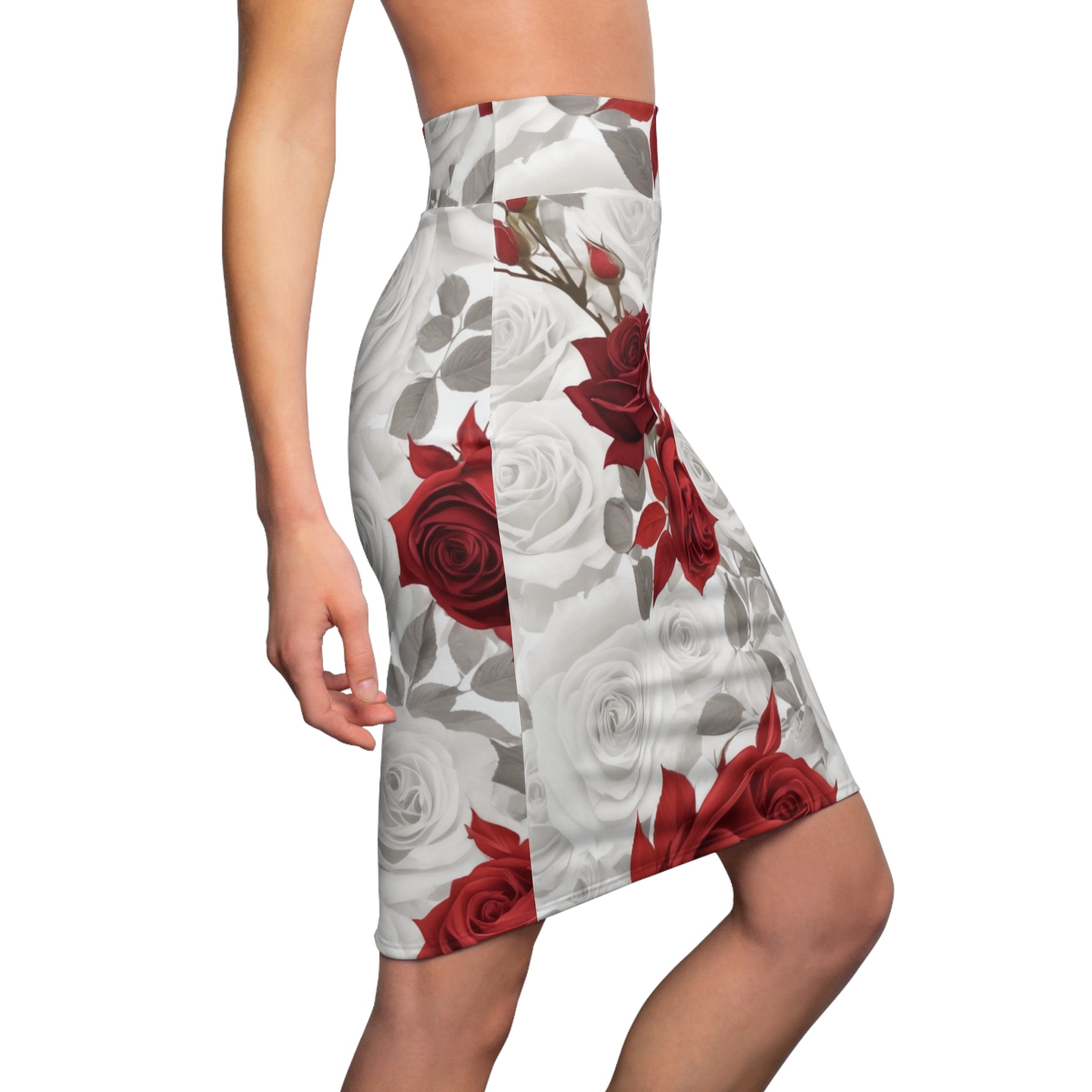 Elegant women's floral pencil skirt with vibrant rose print, styled for office and date night wear