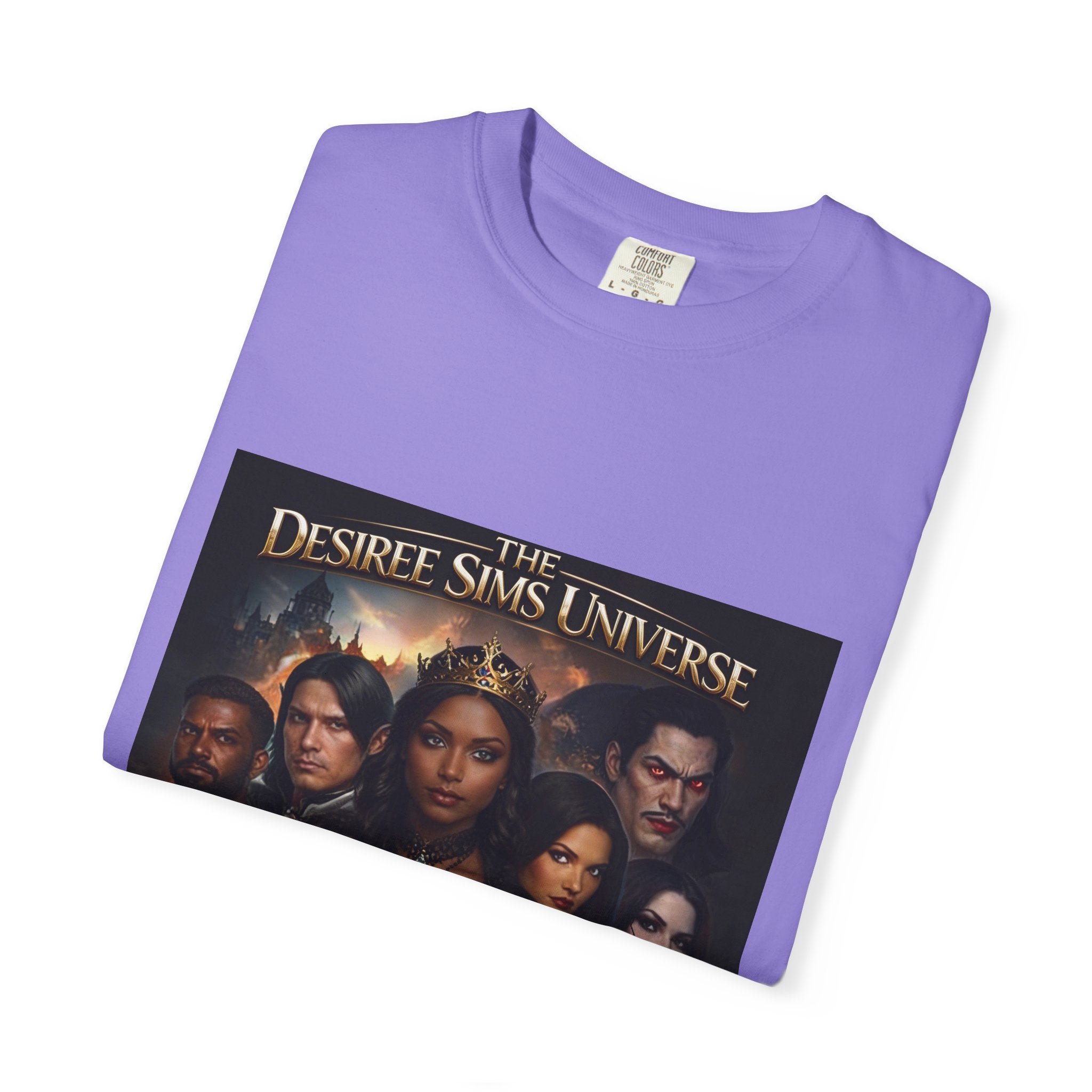 Desiree Sims Universe Fantasy Series Cast Poster T-shirt with cinematic magic print on garment-dyed fabric
