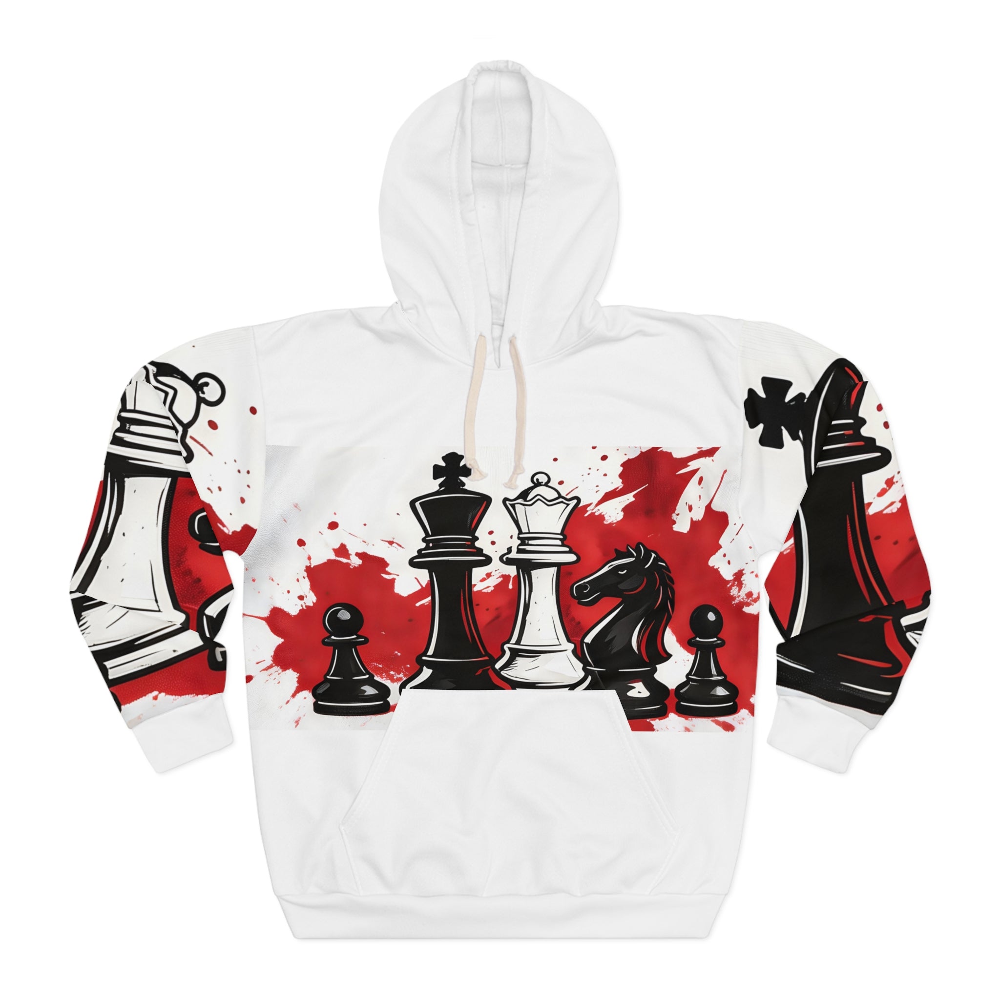 Chess Pieces Graphic Hoodie — Red Splash King & Queen Design