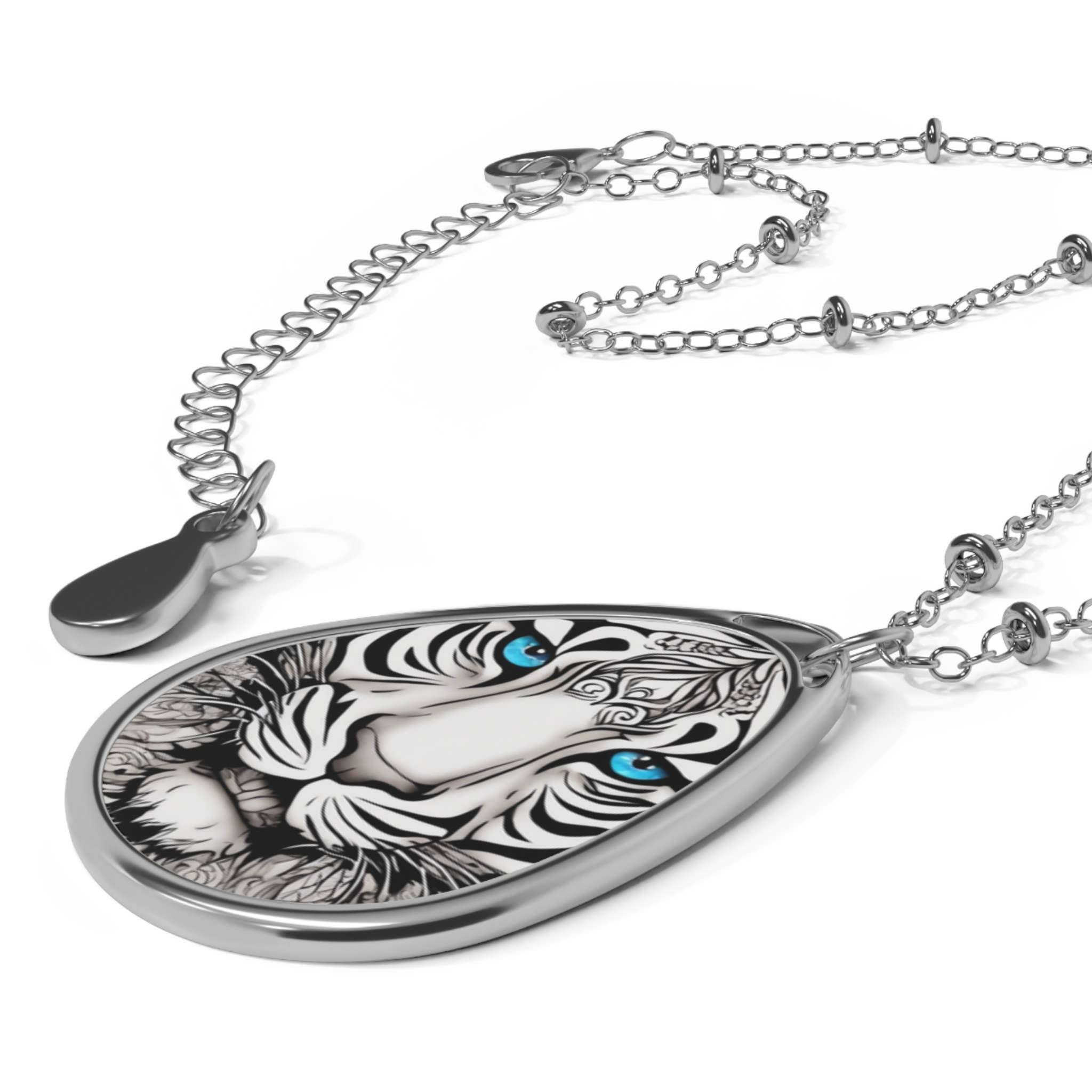 Oval necklace with a printed tiger face pendant in vibrant colors and a glossy silver-plated finish — additional view 6