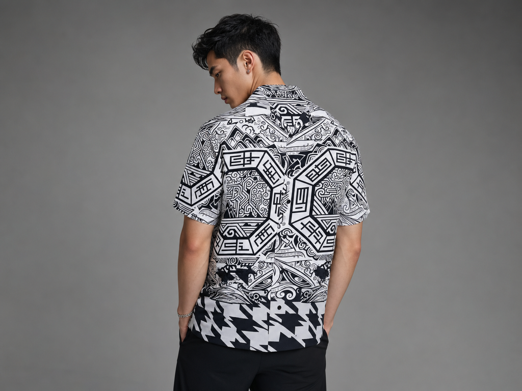 Rich and Rich Men's Black and White Abstract Designer Shirt