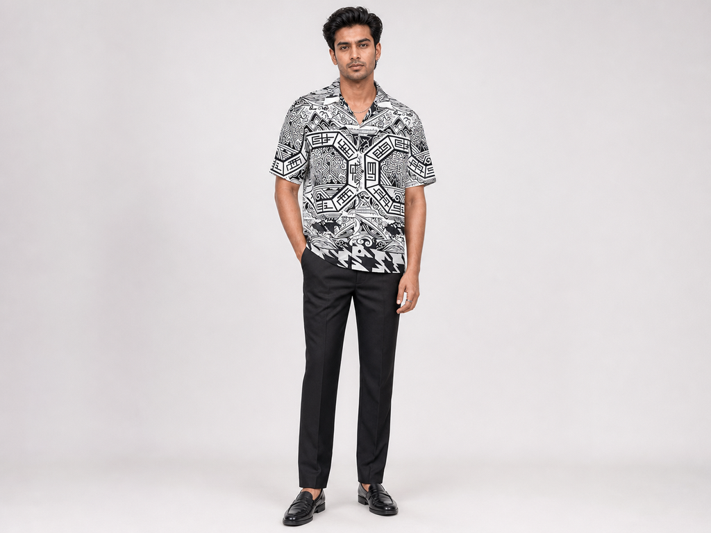 Rich and Rich Men's Black and White Abstract Designer Shirt