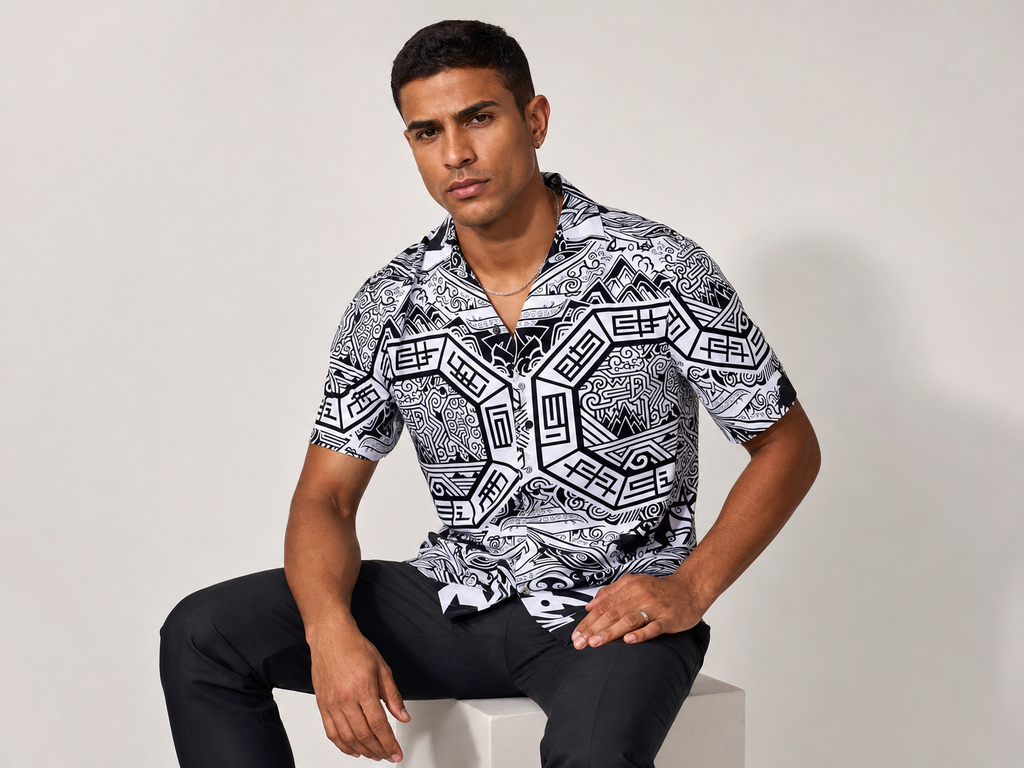 Male model wearing the Rich and Rich Men’s Multicolor Colorblock Designer Shirt with a boxy fit, short sleeves, notch lapel collar, and bold multicolor colorblock pattern.