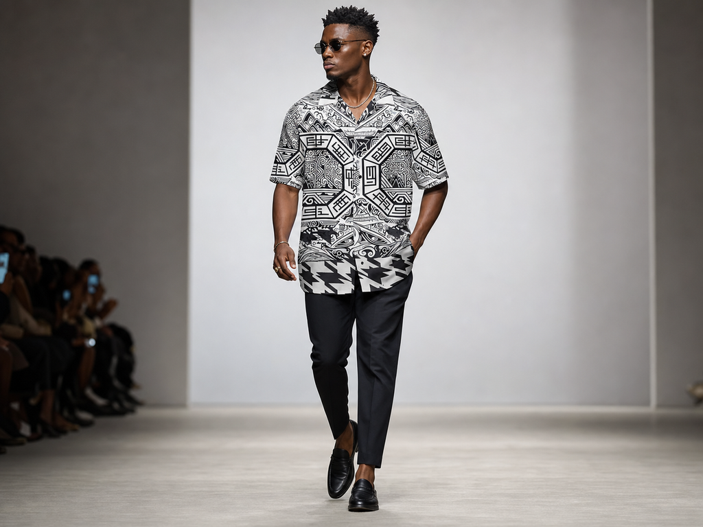 Rich and Rich Men's Black and White Abstract Designer Shirt