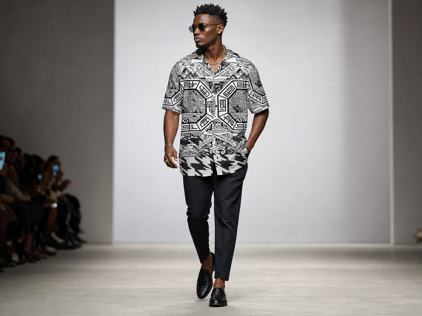 Rich and Rich Men's Black and White Abstract Designer Shirt