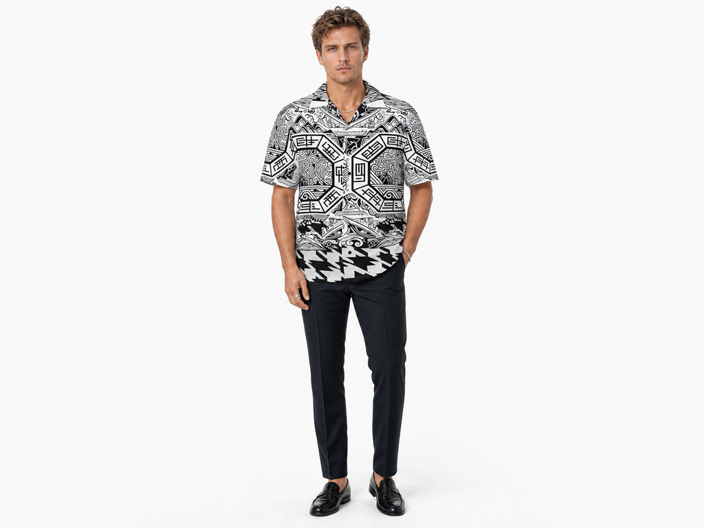 Rich and Rich Men's Black and White Abstract Designer Shirt
