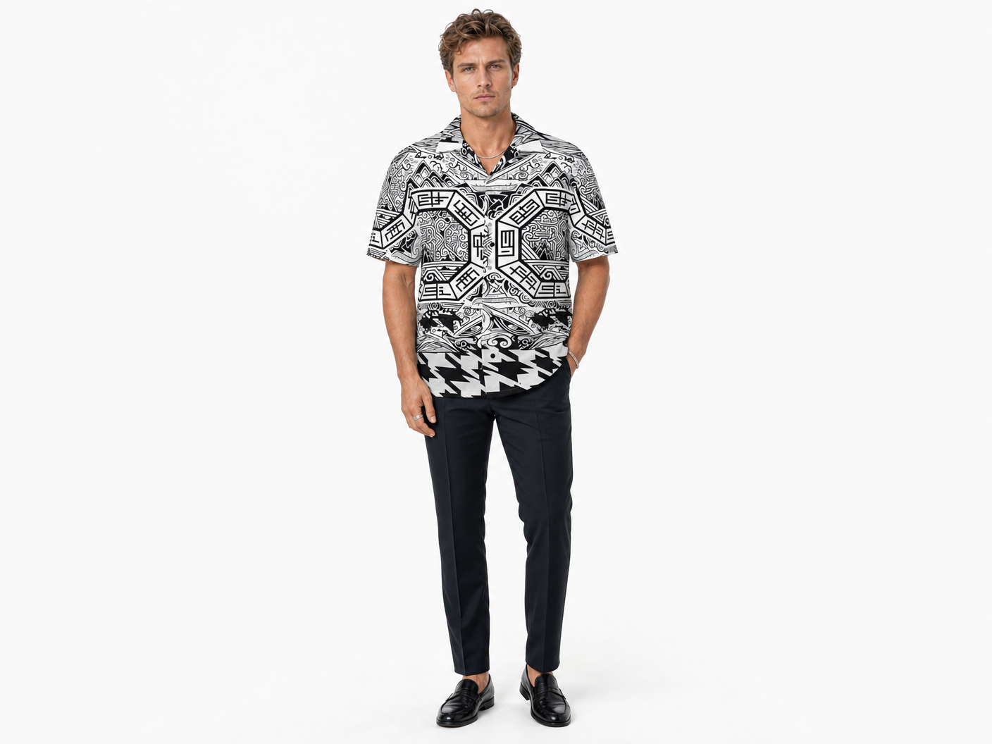 Rich and Rich Men's Black and White Abstract Designer Shirt