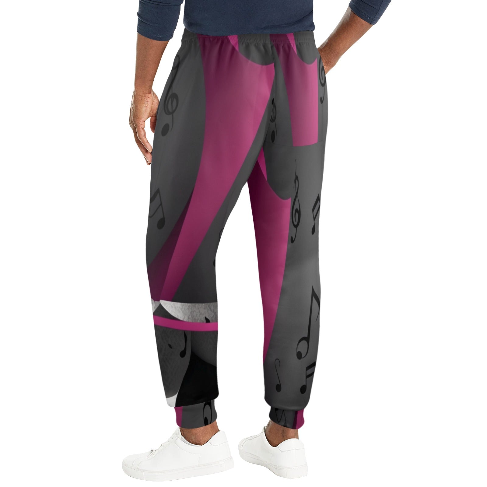 Men's magenta casual sweatpants with musical notes design and tapered fit