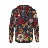 Women's red full-zip hoodie with autumn floral print, taped neck and shoulders — product detail