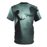 Unisex cut & sew tee with spooky Halloween all-over print, crew neck and reinforced shoulders — side view