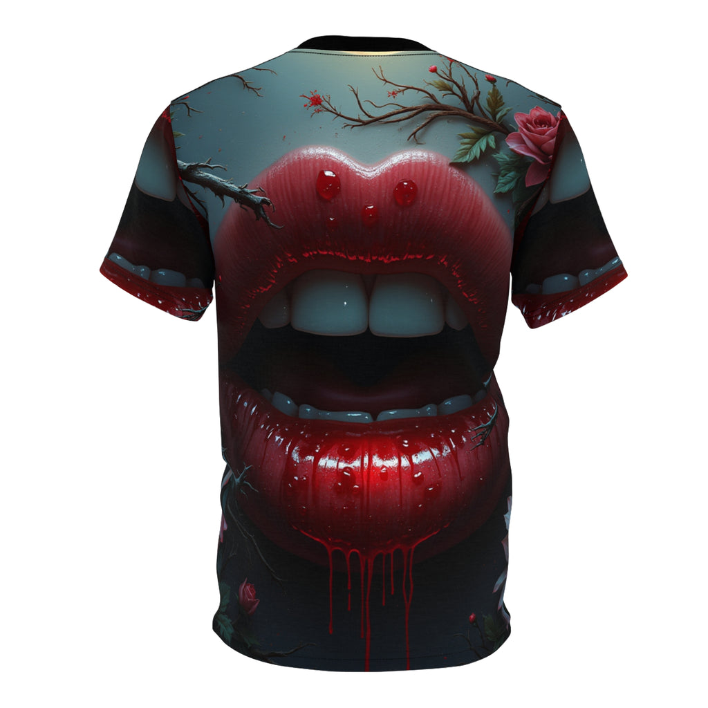 Vampiric Kiss Unisex Gothic Halloween Graphic Tee with dark vampire-inspired design