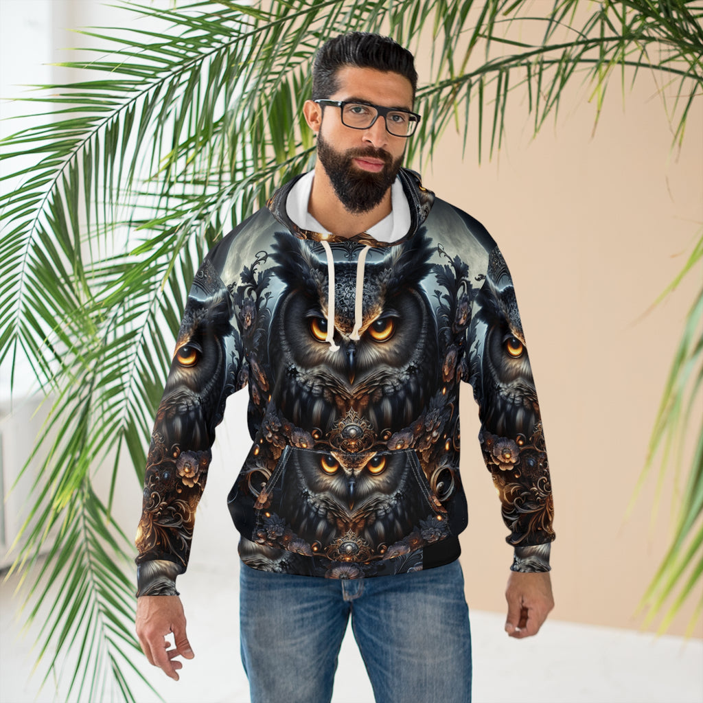 Owl Spirit AOP Pullover Hoodie | Unisex Cozy Sweatshirt for Nature Lovers, Great Gift for Birthdays, Halloween, or Everyday Wear