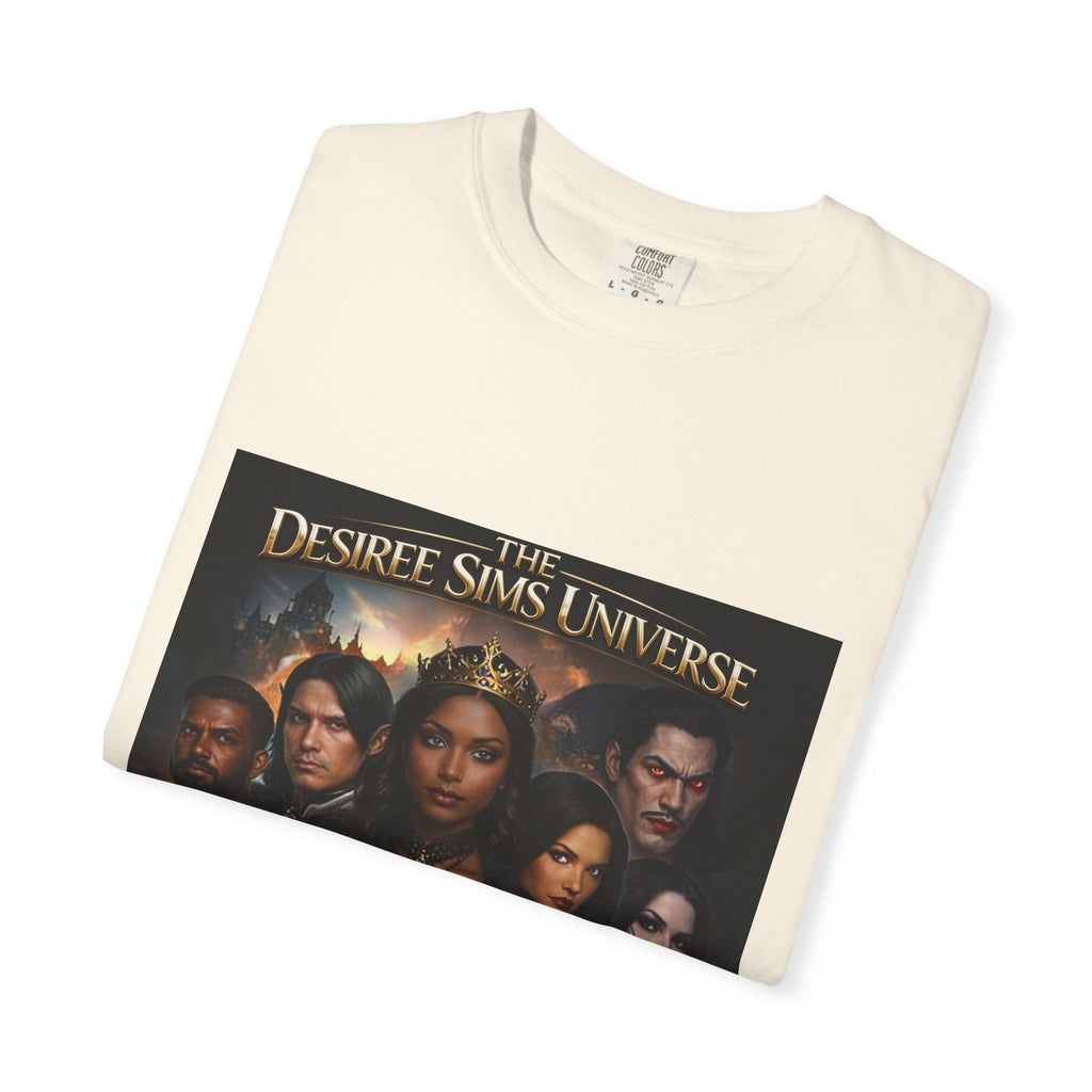 Desiree Sims Universe Fantasy Series Cast Poster T-shirt with cinematic magic print on garment-dyed fabric