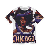 Unisex tee with vibrant spooky chic Halloween all-over print, crew neck and lightweight feel — product detail