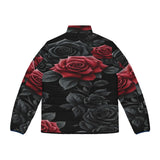 Men's black and red puffer jacket with bold rose floral print and front pockets — side view