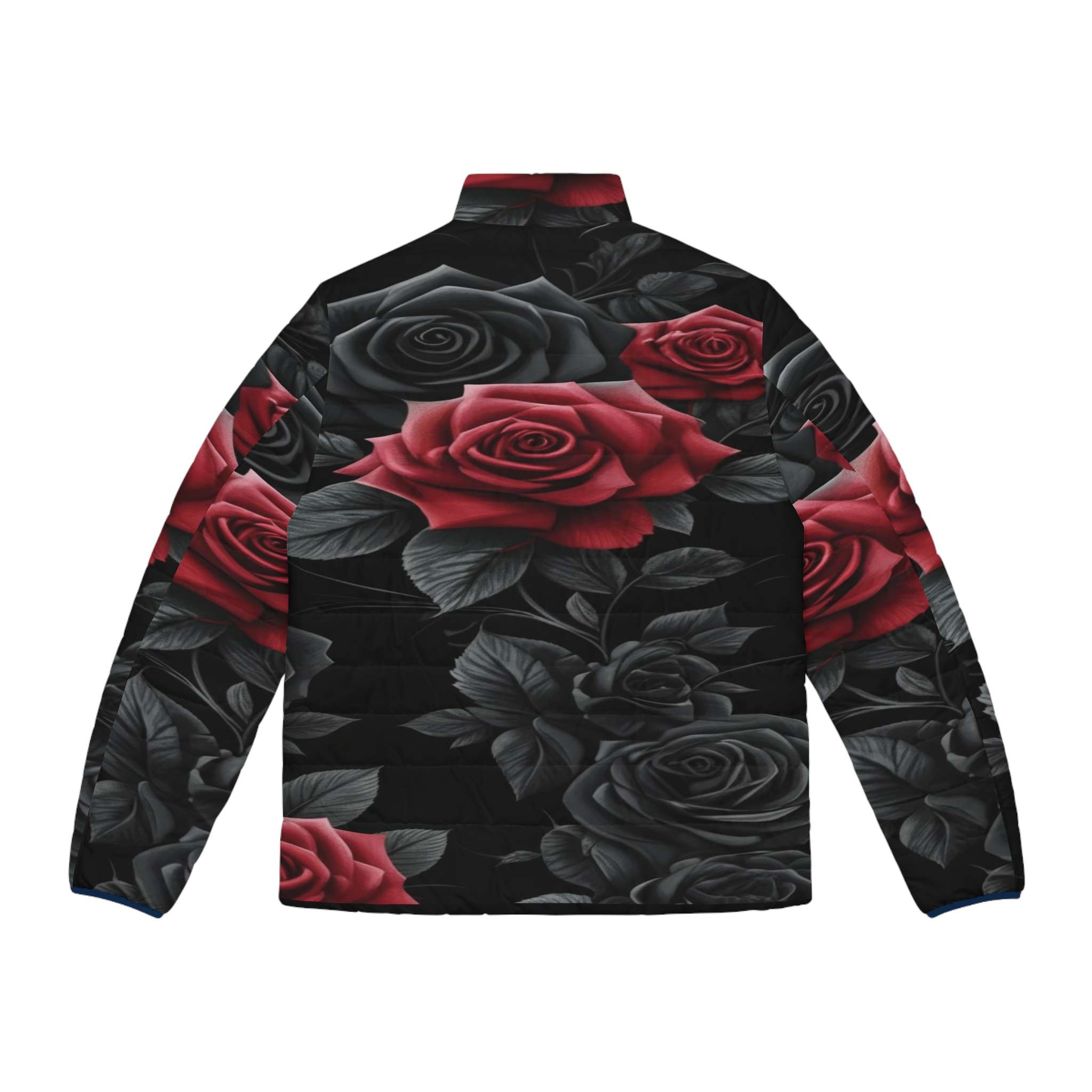 Men's black and red puffer jacket with bold rose floral print and front pockets — side view