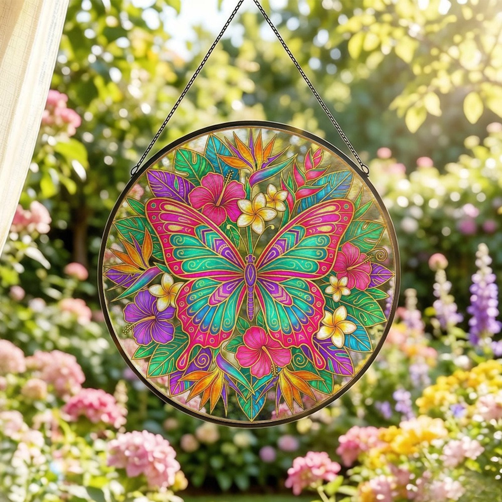 Large butterfly glass suncatcher with gold-lined wings amid pink, teal, and purple floral burst with hanging chain