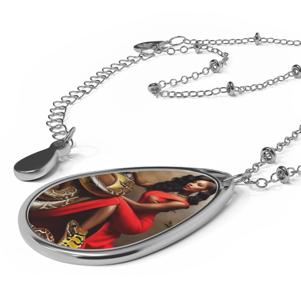 R&RH Elegant Red Oval Necklace with vibrant artwork and glossy finish on a stylish chain
