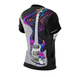 Women's black all-over print t-shirt featuring a repeating black guitar design on polyester — product detail