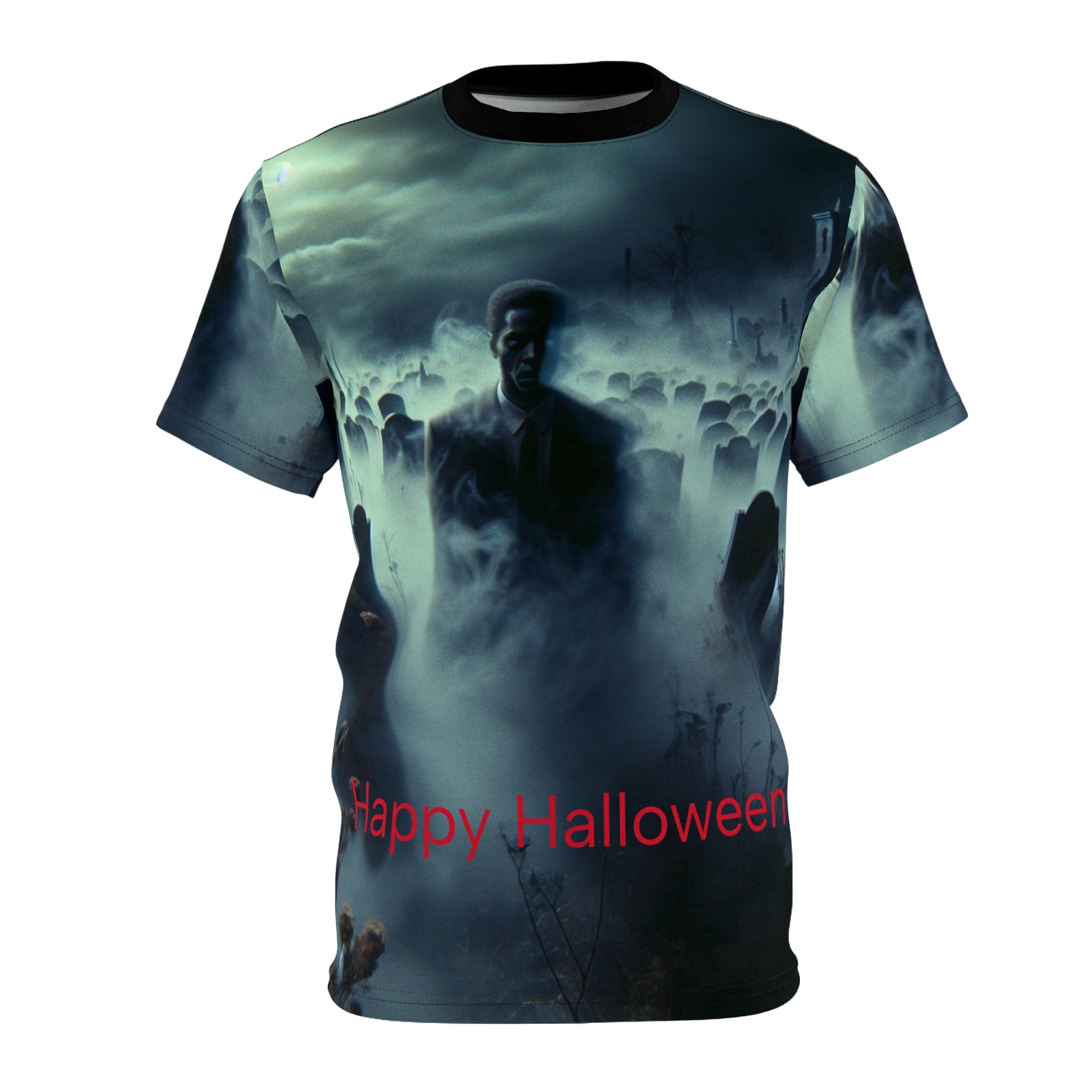 Unisex tee with foggy graveyard all-over print and mysterious figure, crew neck and regular fit — side view